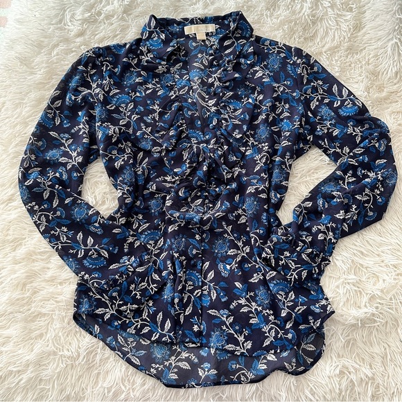 MICHAEL Michael Kors Navy Floral Ruffle Button Blouse Size Medium - Picture 9 of 16